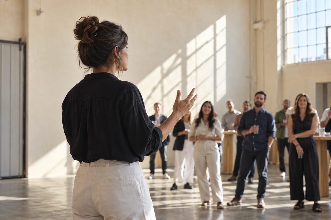 A founder speaking to a room at her company's launch