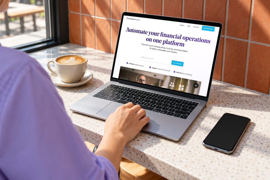 A laptop at a cafe counter showing the Functional Finance homepage