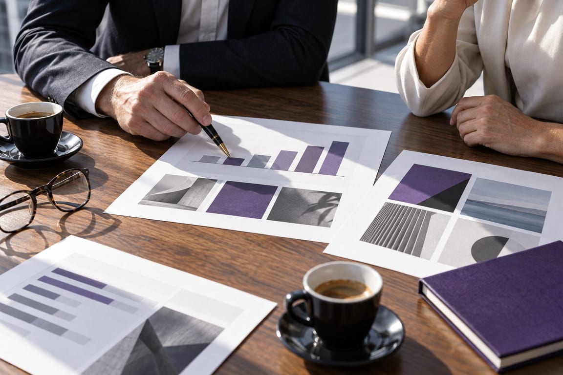 Hands reviewing printed portfolio charts at a boardroom table