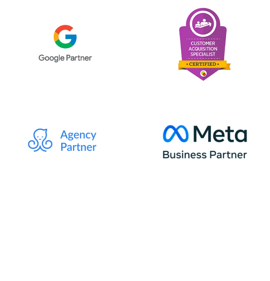 Google Partner, Customer Acquisition Specialist certified, ManyChat Agency Partner and Meta Business Partner badges, with Facebook, Pandora, Spotify, Hulu, Instagram, Google, Pinterest and Bing