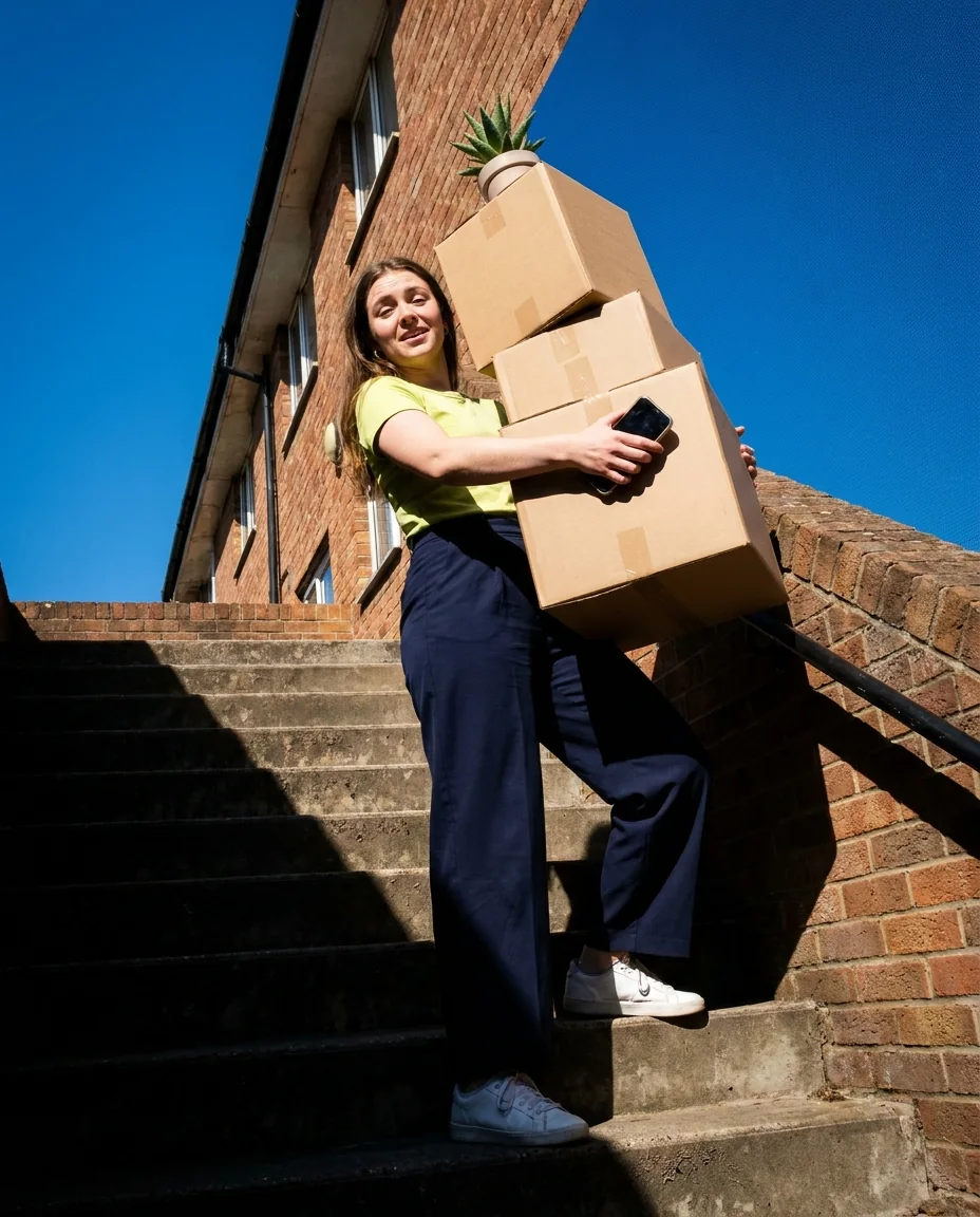 A young renter in a lime tee carrying a stack of moving boxes and a plant up brick apartment steps in hard midday sun, phone in hand