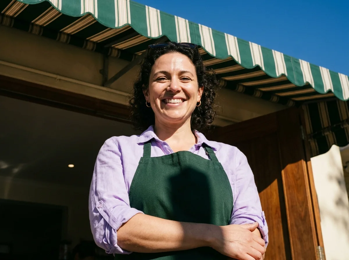 A smiling restaurant owner in a forest-green apron over a lavender shirt, arms crossed under a green and cream awning in bright sun