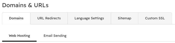 HubSpot’s Domains & URLs settings, Domains tab: Web Hosting and Email Sending are separate tabs.