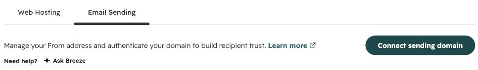 The Email Sending tab in HubSpot, with its own Connect sending domain button.