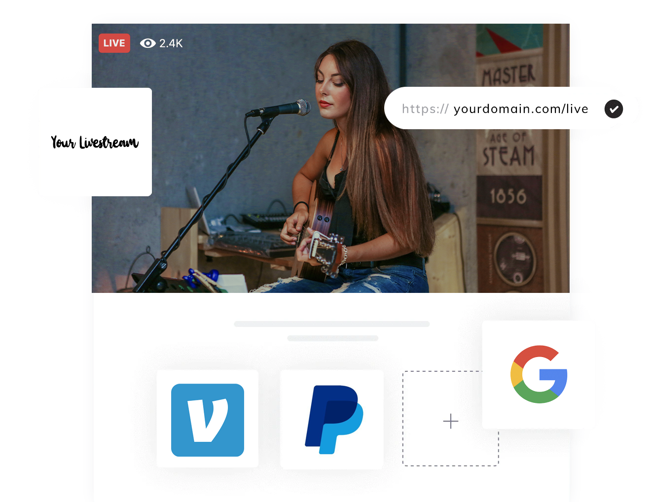 A live stream playing on an artist's own website, with Venmo, PayPal and Google