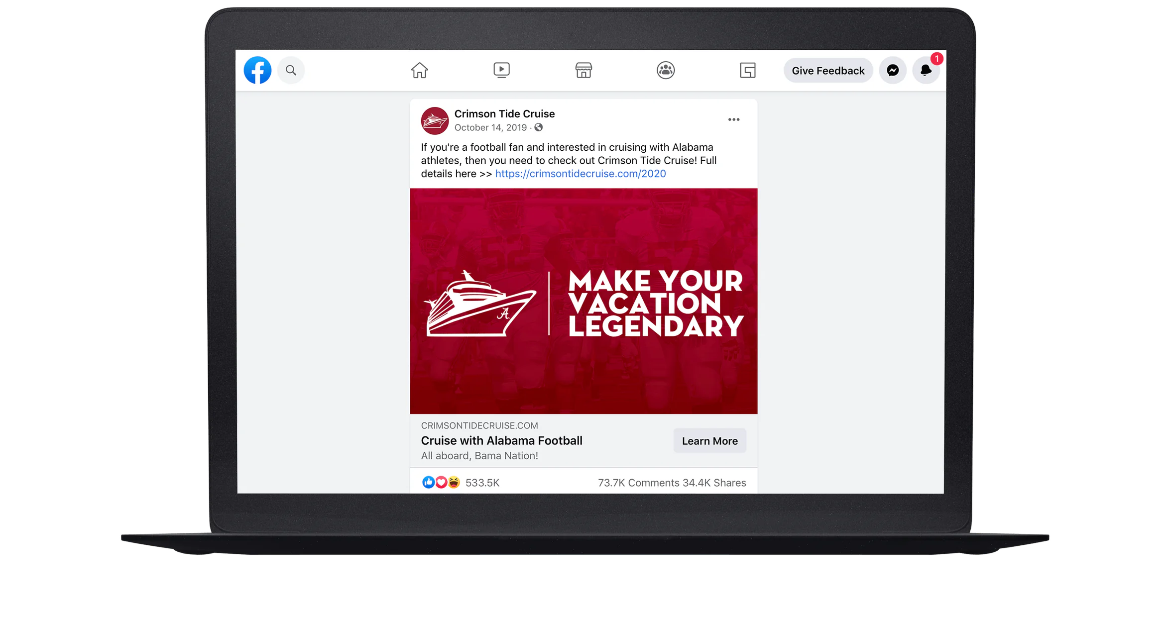 Crimson Tide Cruise Facebook ad shown on a laptop