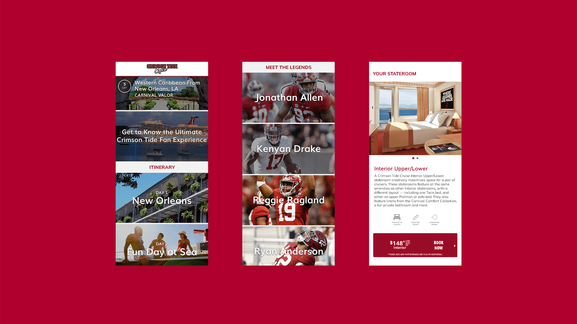 Three Crimson Tide Cruise landing pages on phones