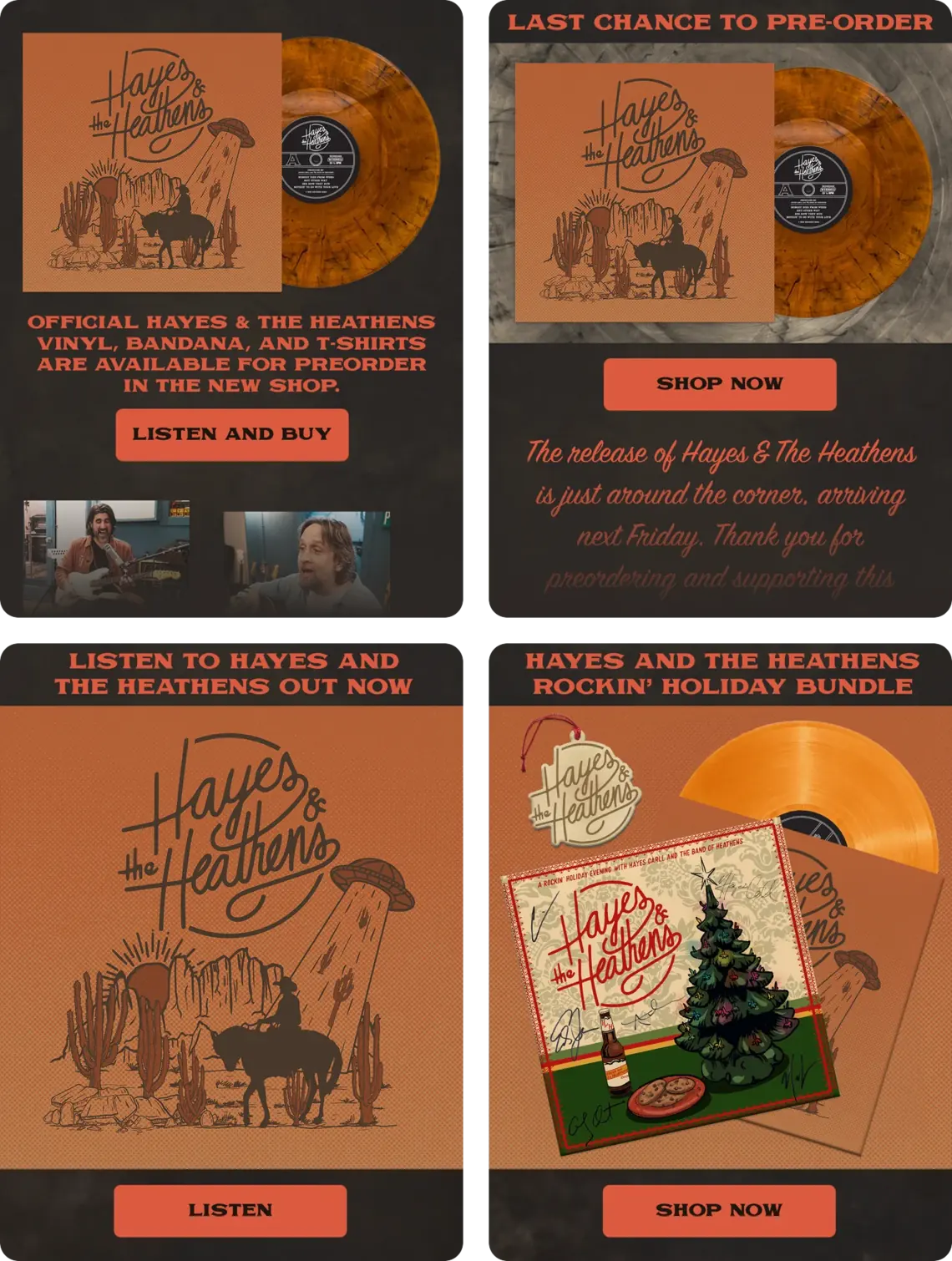 Four email designs in the album’s orange and brown: a pre-order announcement, a last chance to pre-order, an out now email and a holiday bundle.