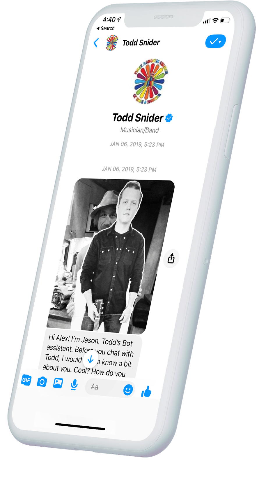 Todd Snider’s Messenger chatbot on a phone